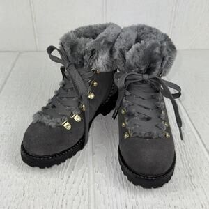 JR Boots Womens Size 6 Gray Faux Fur Lined Hiker Lace Up Lug‎ Sole Faux Suede